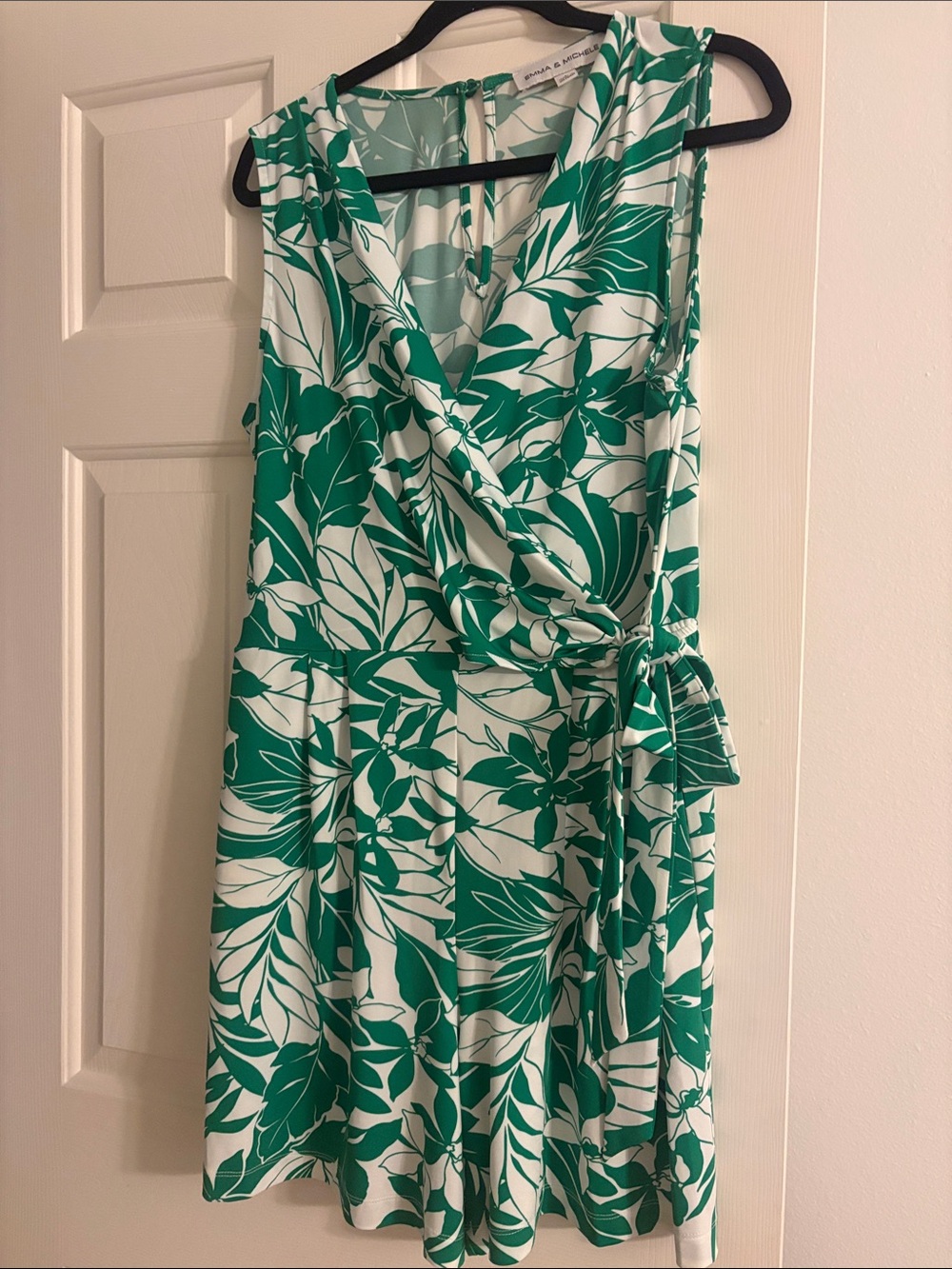 Emma & Michele Green and White Sleeveless Wrap Romper.  Cute tropical print!